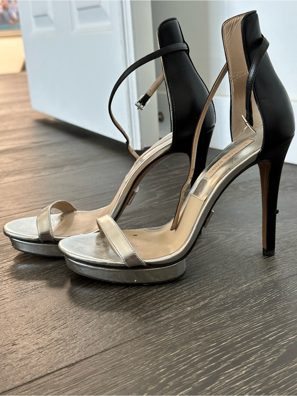 Michael Kors Black and Silver Stiletto Ankle-Strap Sandals